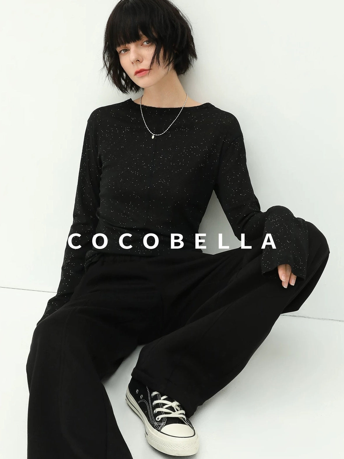 COCOBELLA Soft Sequin Minimalist Loose Fit Women Office V Neck Long Sleeve Black T-Shirts