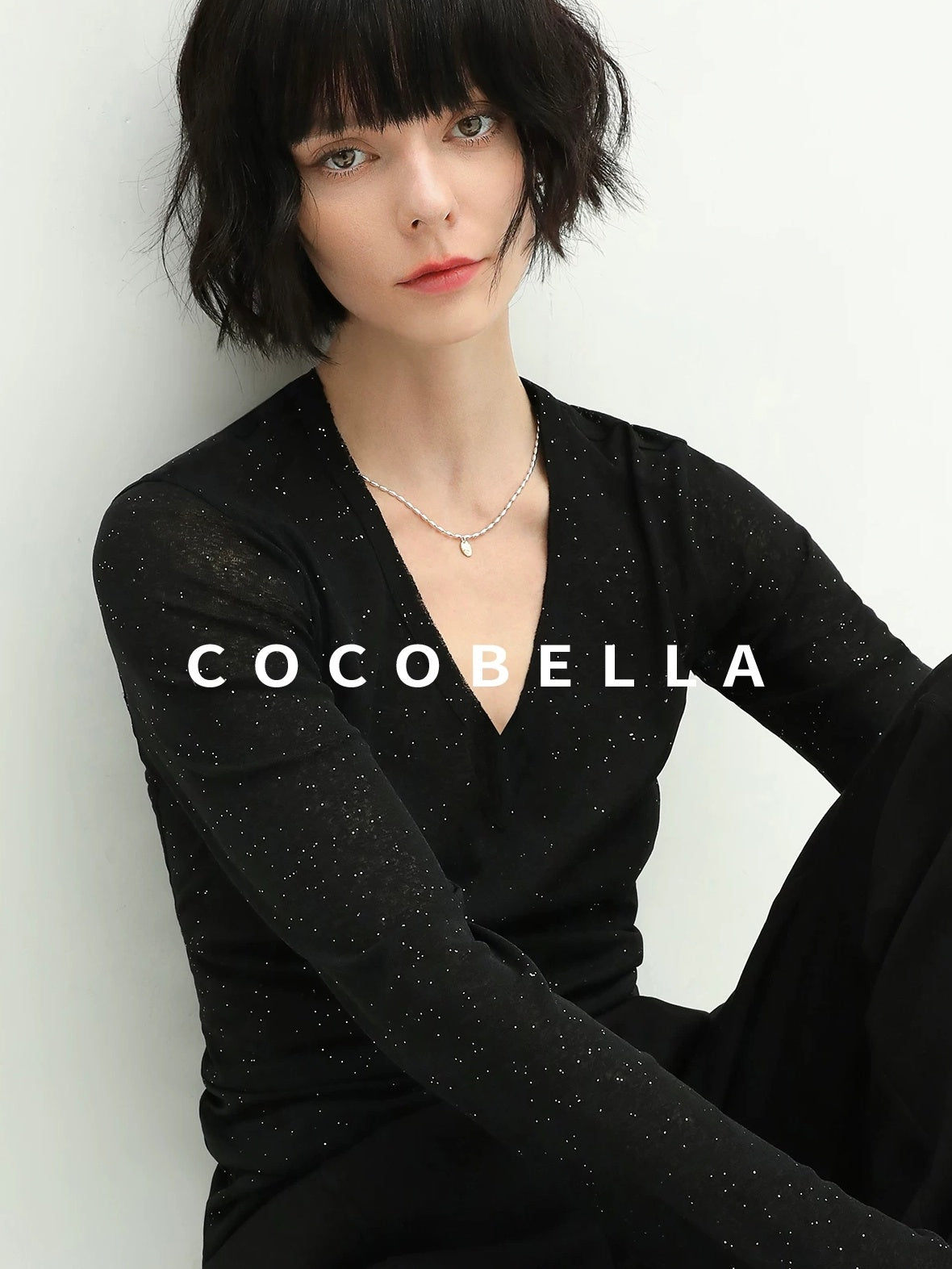 COCOBELLA Soft Sequin Minimalist Loose Fit Women Office V Neck Long Sleeve Black T-Shirts