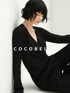 COCOBELLA Soft Sequin Minimalist Loose Fit Women Office V Neck Long Sleeve Black T-Shirts