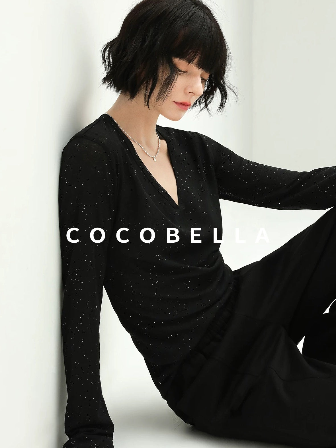 COCOBELLA Soft Sequin Minimalist Loose Fit Women Office V Neck Long Sleeve Black T-Shirts