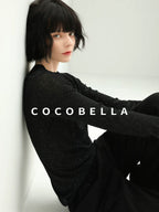 COCOBELLA Soft Sequin Minimalist Loose Fit Women Office V Neck Long Sleeve Black T-Shirts