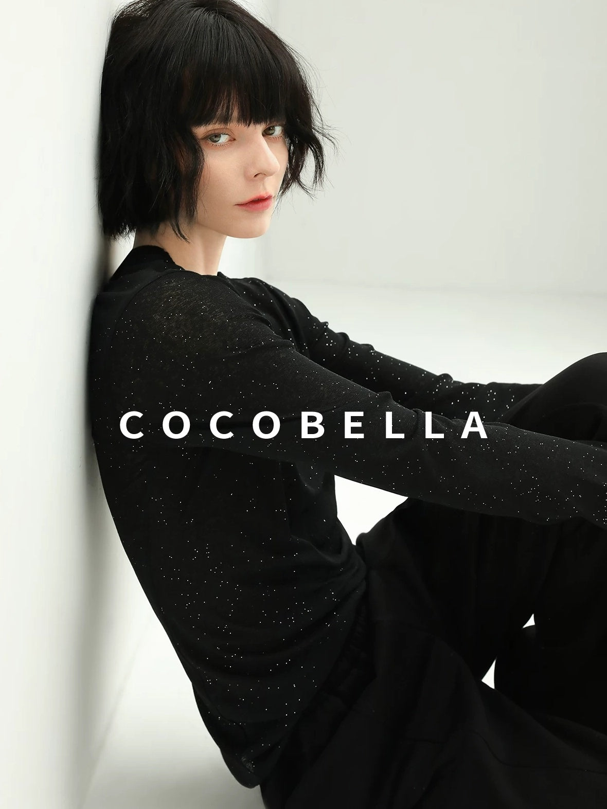 COCOBELLA Soft Sequin Minimalist Loose Fit Women Office V Neck Long Sleeve Black T-Shirts