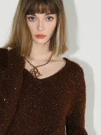 COCOBELLA Soft Sequined Caramel V Neck Commuter Classic Fit Knit Pullover Sweater