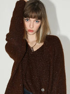 COCOBELLA Soft Sequined Caramel V Neck Commuter Classic Fit Knit Pullover Sweater
