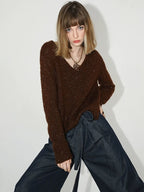 COCOBELLA Soft Sequined Caramel V Neck Commuter Classic Fit Knit Pullover Sweater