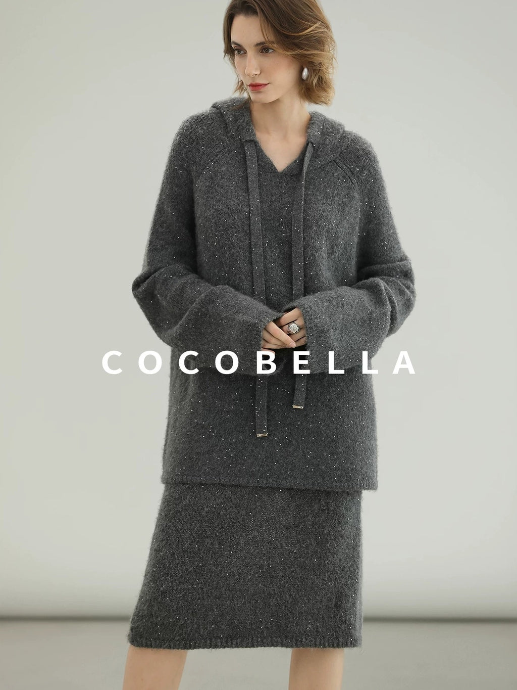 COCOBELLA Soft Sequined Lurex Hooded Pullover Commuter Knit Regular Fit Ladies Sweater