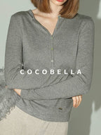 COCOBELLA Soft Slim High Neck Metallic Thread Long Sleeve Minimalist Workwear Women Shirts