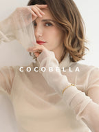 COCOBELLA Soft Slim Minimalist Lurex Layered Patchwork High Neck Women Long Sleeve T-Shirts