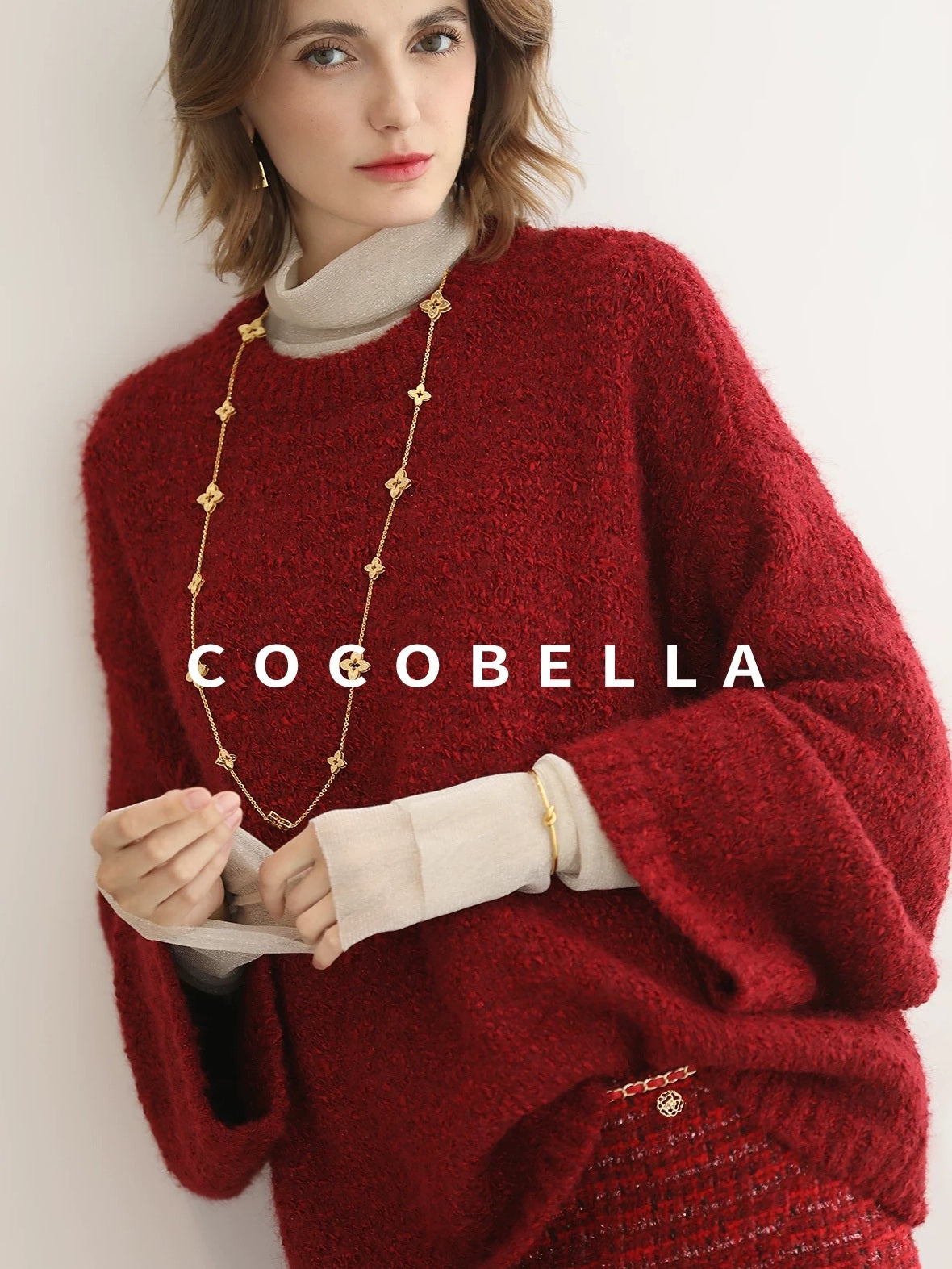 COCOBELLA Soft Slim Minimalist Lurex Layered Patchwork High Neck Women Long Sleeve T-Shirts