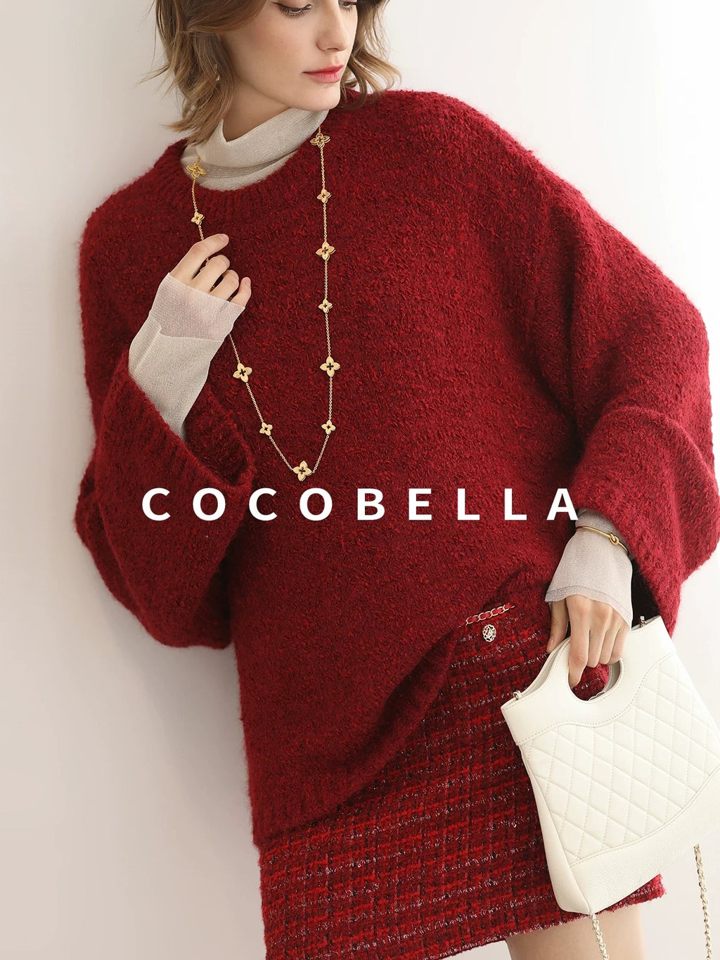 COCOBELLA Soft Slim Minimalist Lurex Layered Patchwork High Neck Women Long Sleeve T-Shirts