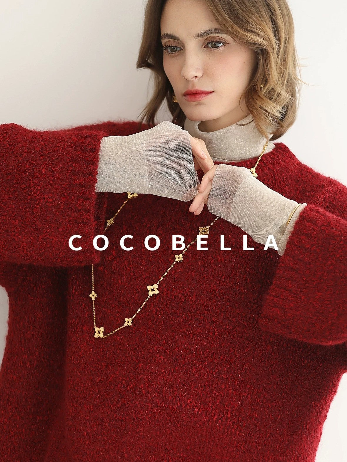 COCOBELLA Soft Slim Minimalist Lurex Layered Patchwork High Neck Women Long Sleeve T-Shirts