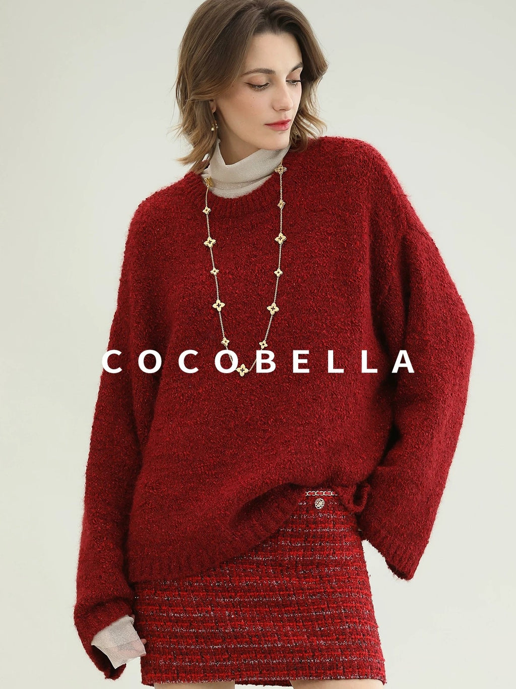 COCOBELLA Soft Slim Minimalist Lurex Layered Patchwork High Neck Women Long Sleeve T-Shirts