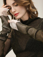 COCOBELLA Soft Slim Minimalist Lurex Layered Patchwork High Neck Women Long Sleeve T-Shirts