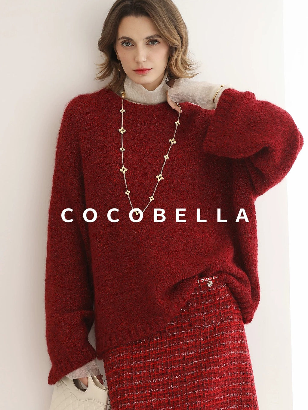 COCOBELLA Soft Slim Minimalist Lurex Layered Patchwork High Neck Women Long Sleeve T-Shirts