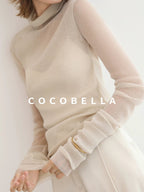 COCOBELLA Soft Slim Minimalist Lurex Layered Patchwork High Neck Women Long Sleeve T-Shirts