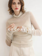 COCOBELLA Soft Slim Minimalist Lurex Layered Patchwork High Neck Women Long Sleeve T-Shirts