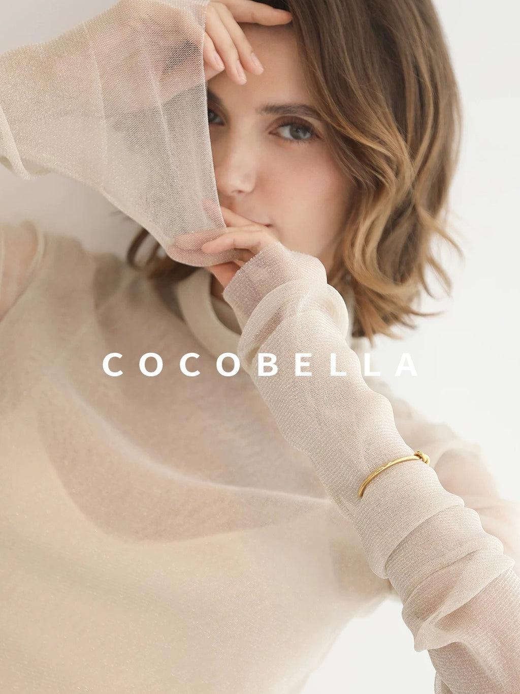 COCOBELLA Soft Slim Minimalist Lurex Layered Patchwork High Neck Women Long Sleeve T-Shirts