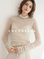COCOBELLA Soft Slim Minimalist Lurex Layered Patchwork High Neck Women Long Sleeve T-Shirts