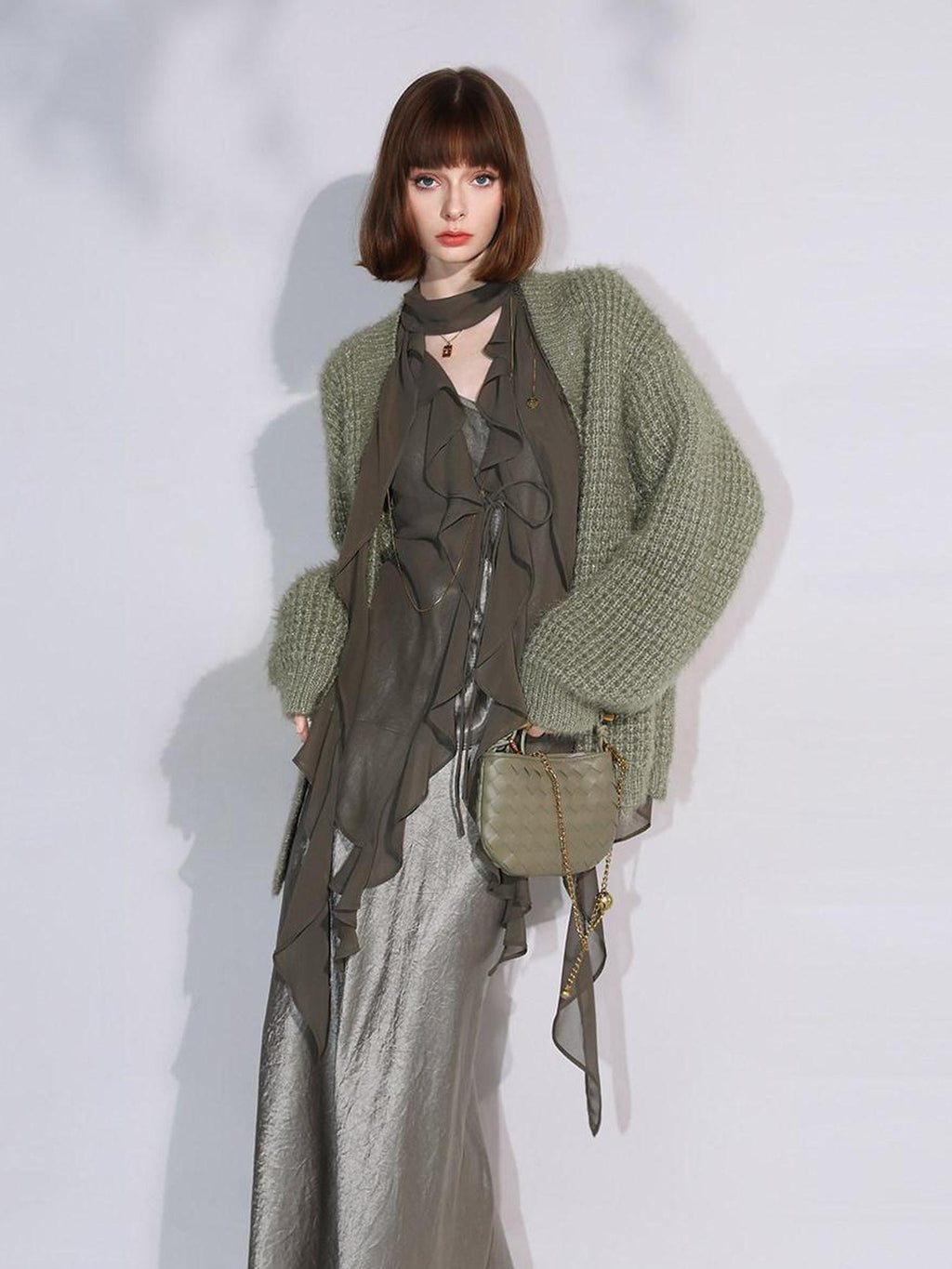 COCOBELLA Soft Sparkle Buttoned Loose V Neck Ribbed Knit Cardigan Women Sky Green Sweater