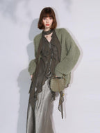 COCOBELLA Soft Sparkle Buttoned Loose V Neck Ribbed Knit Cardigan Women Sky Green Sweater