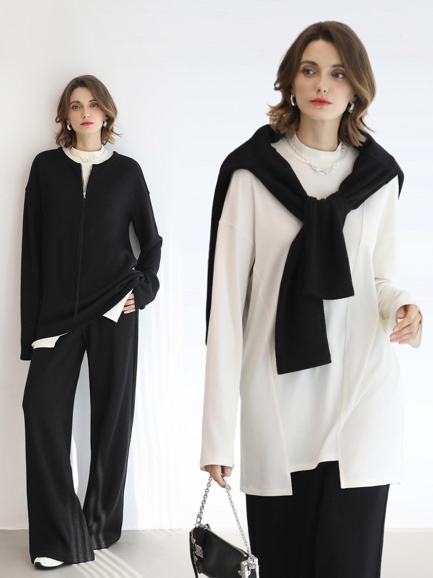 COCOBELLA Soft Sparkle Knit Oversized Midlength Longsleeve Zip Pullover Women Work Sweater