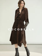 COCOBELLA Soft Stretch Foil V Neck Vintage A Line Ruffle Lace Tie Waist Dresses