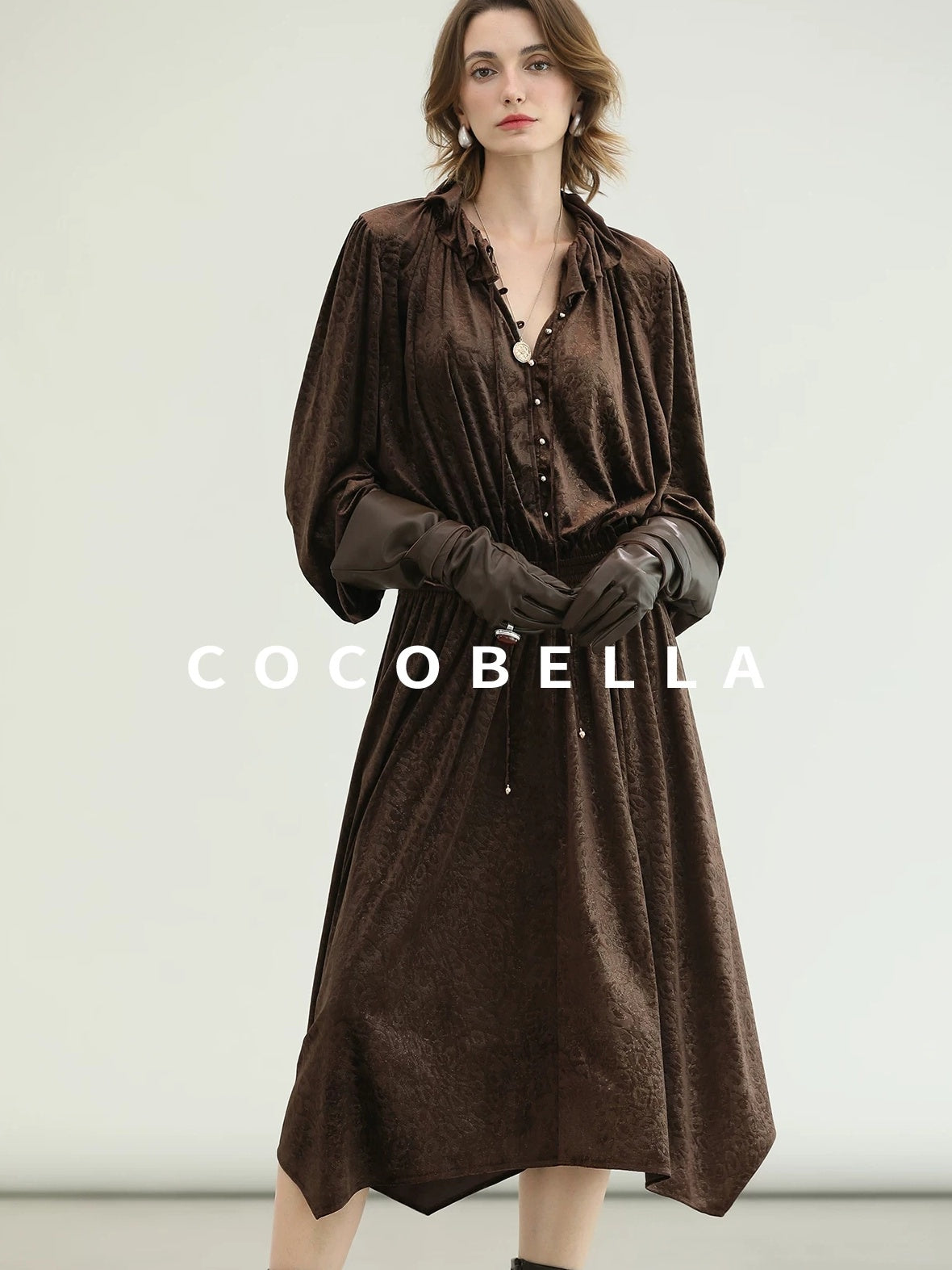COCOBELLA Soft Stretch Foil V Neck Vintage A Line Ruffle Lace Tie Waist Dresses