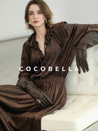 COCOBELLA Soft Stretch Foil V Neck Vintage A Line Ruffle Lace Tie Waist Dresses