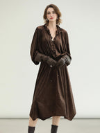 COCOBELLA Soft Stretch Foil V Neck Vintage A Line Ruffle Lace Tie Waist Dresses