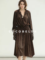COCOBELLA Soft Stretch Foil V Neck Vintage A Line Ruffle Lace Tie Waist Dresses