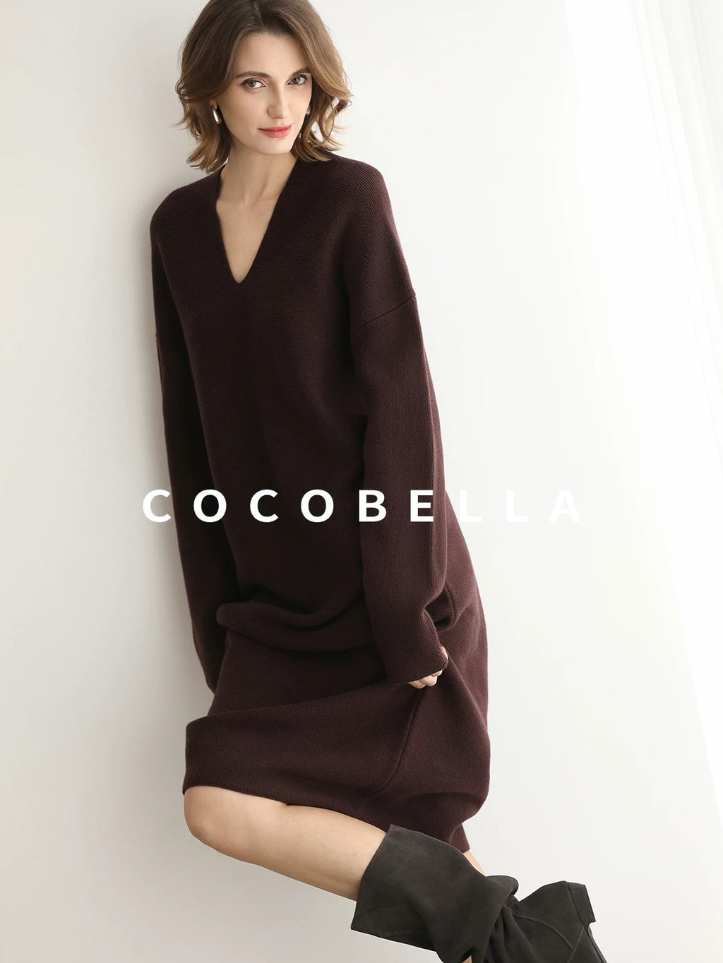COCOBELLA Soft Stretch Knit V Neck H Silhouette City Commuter Wool Blend Dresses