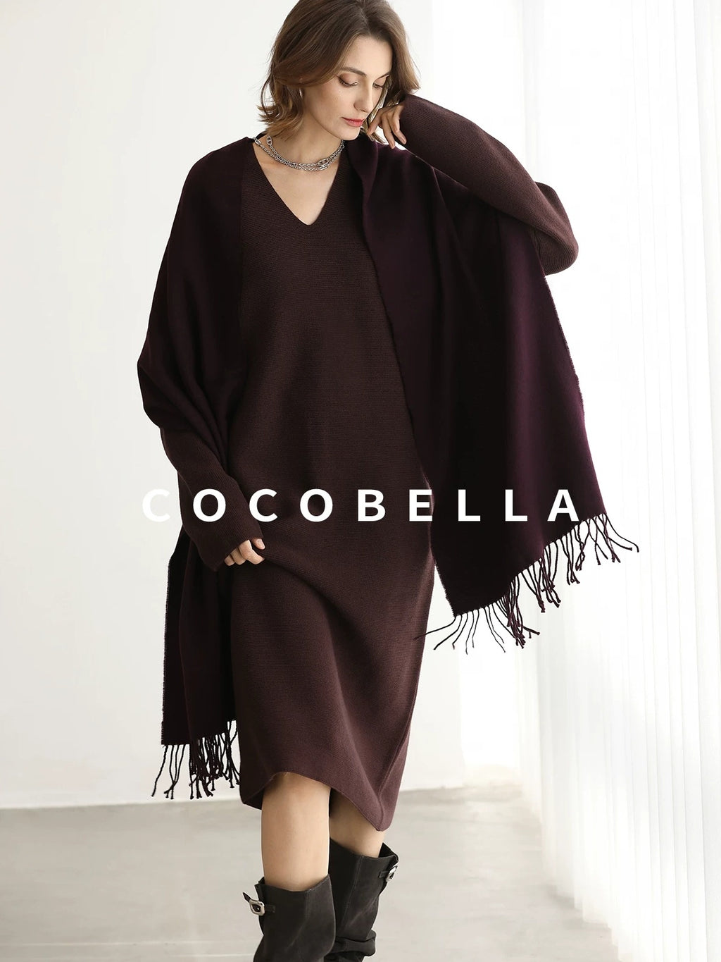 COCOBELLA Soft Stretch Knit V Neck H Silhouette City Commuter Wool Blend Dresses