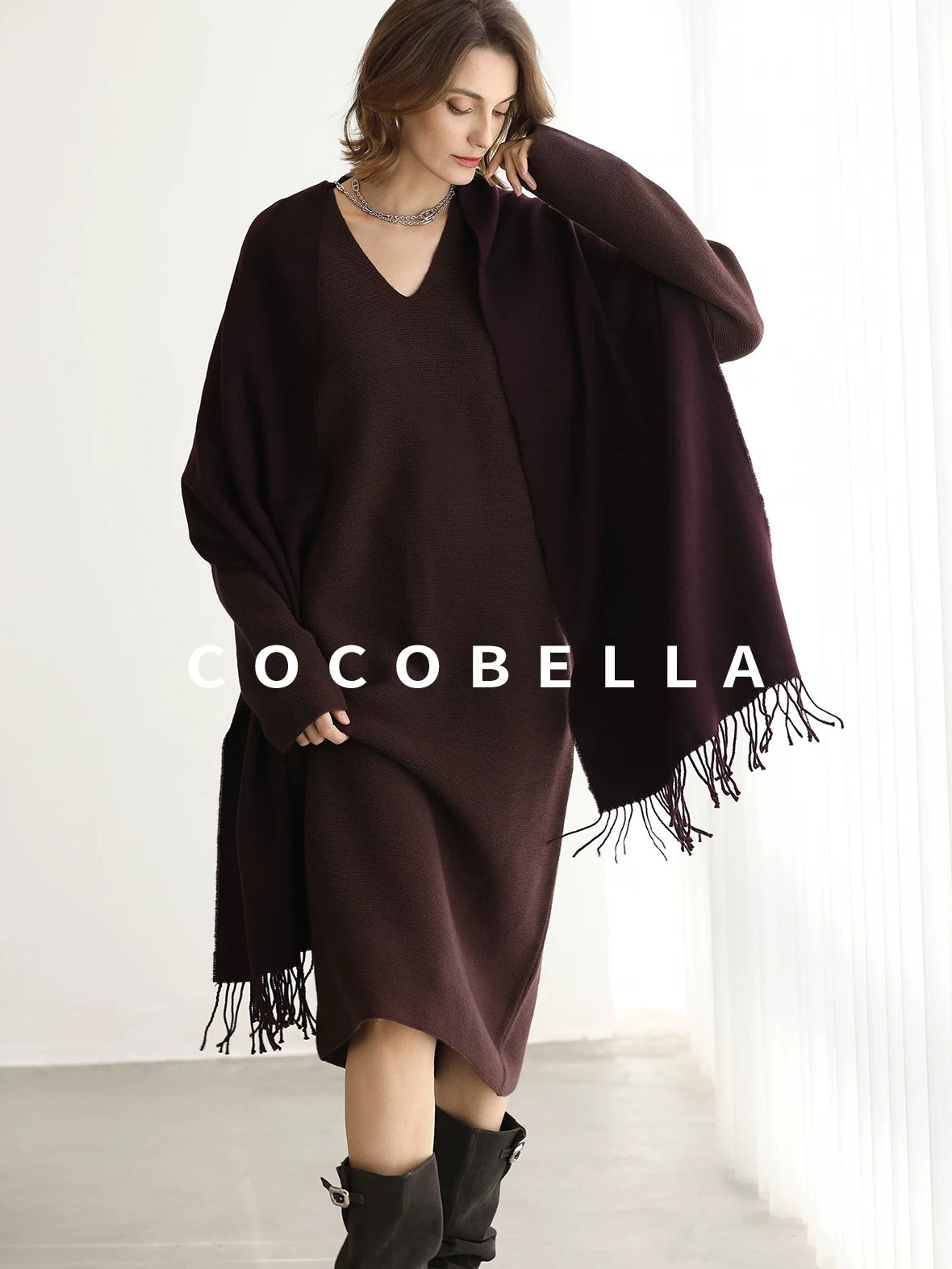 COCOBELLA Soft Stretch Knit V Neck H Silhouette City Commuter Wool Blend Dresses