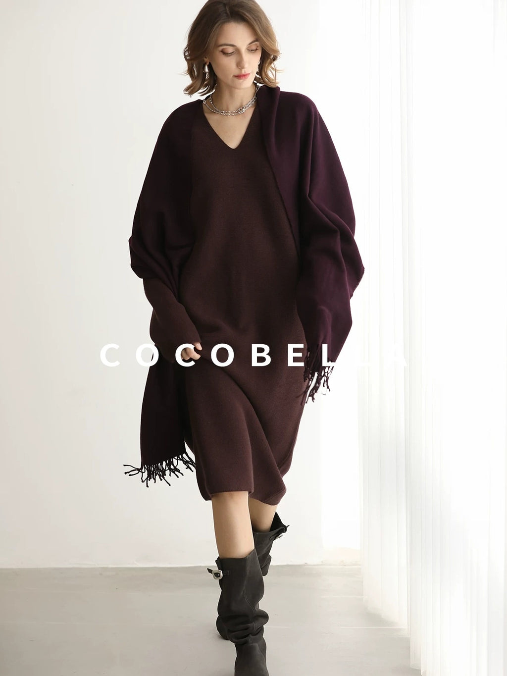 COCOBELLA Soft Stretch Knit V Neck H Silhouette City Commuter Wool Blend Dresses
