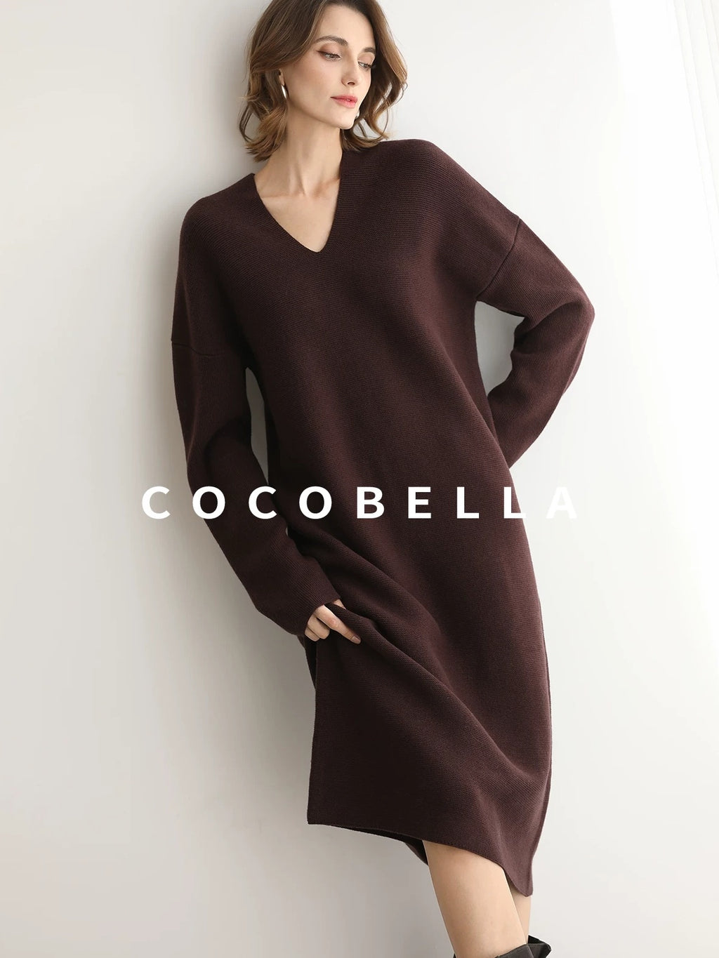 COCOBELLA Soft Stretch Knit V Neck H Silhouette City Commuter Wool Blend Dresses