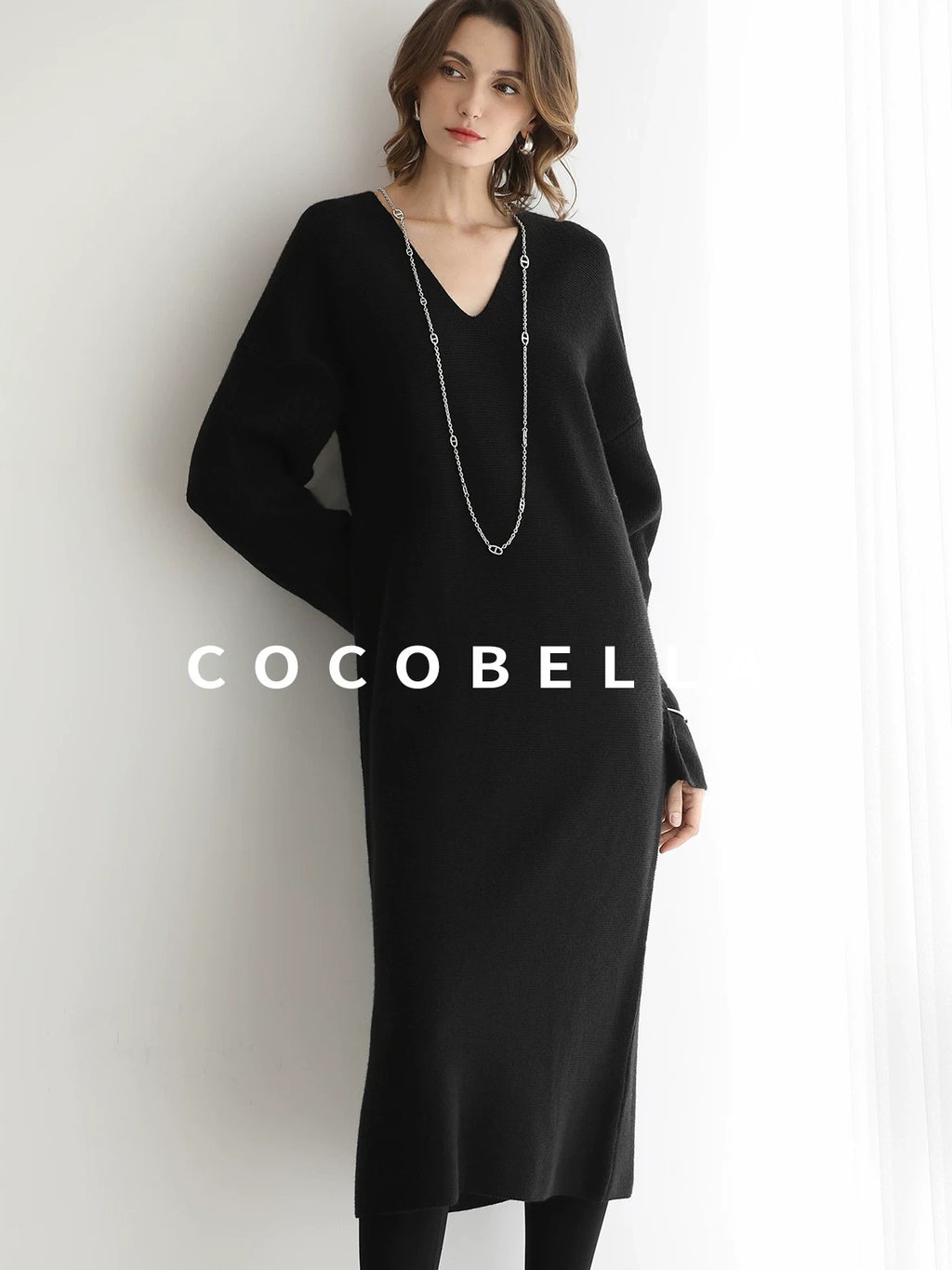 COCOBELLA Soft Stretch Knit V Neck H Silhouette City Commuter Wool Blend Dresses