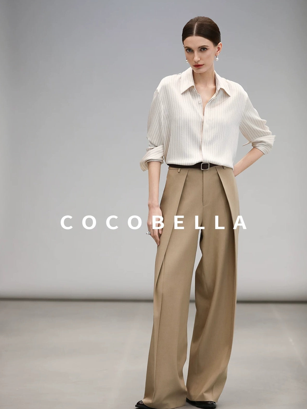 COCOBELLA Soft Stretch Polyester Wide Leg Natural Waist Ol Workwear Solid Relaxed Pants