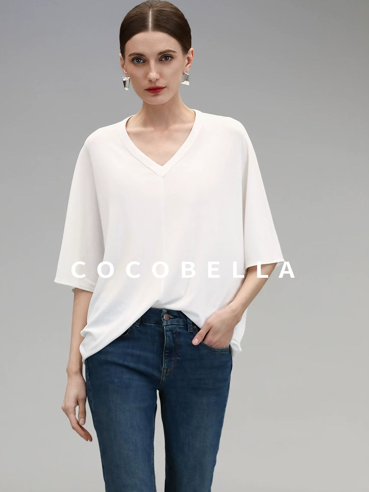 COCOBELLA Soft Stretch V Neck Batwing Short Sleeve Loose Casual Everyday Solid T-Shirts