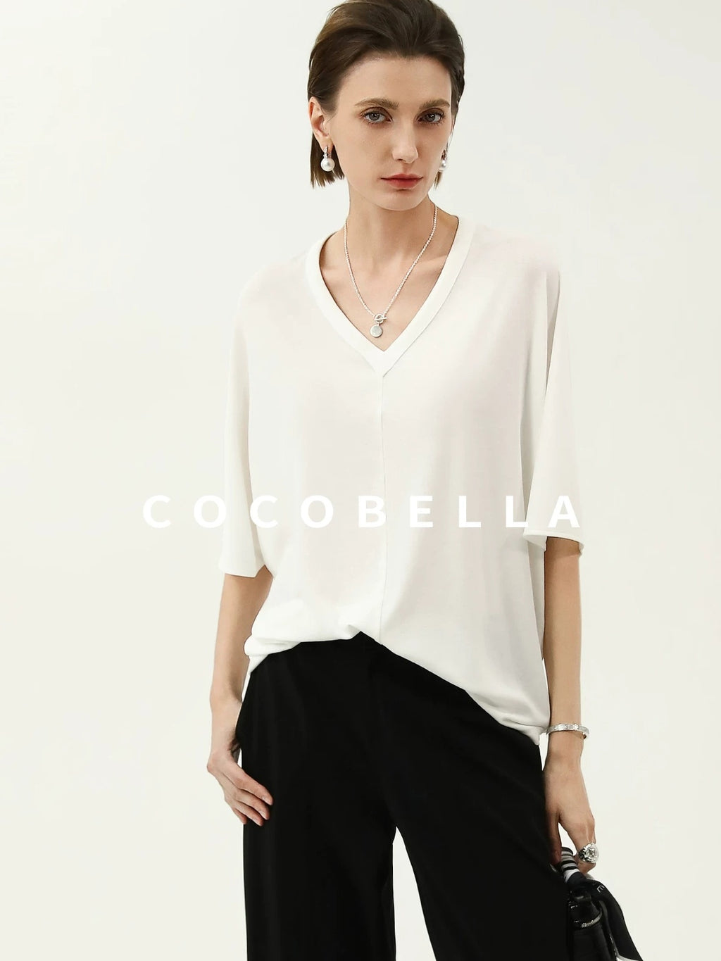 COCOBELLA Soft Stretch V Neck Batwing Short Sleeve Loose Casual Everyday Solid T-Shirts