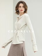 COCOBELLA Soft Thick Asymmetric Button Cardigan Office Round Neck Long Sleeve Shirts