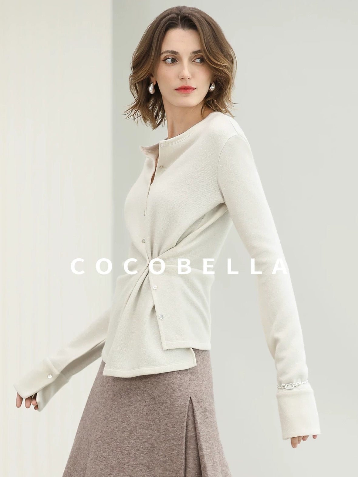 COCOBELLA Soft Thick Asymmetric Button Cardigan Office Round Neck Long Sleeve Shirts