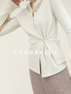 COCOBELLA Soft Thick Asymmetric Button Cardigan Office Round Neck Long Sleeve Shirts