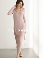 COCOBELLA Soft Thick Knit Straight Fit V Neck Long Sleeve Pullover Office Knit Dresses