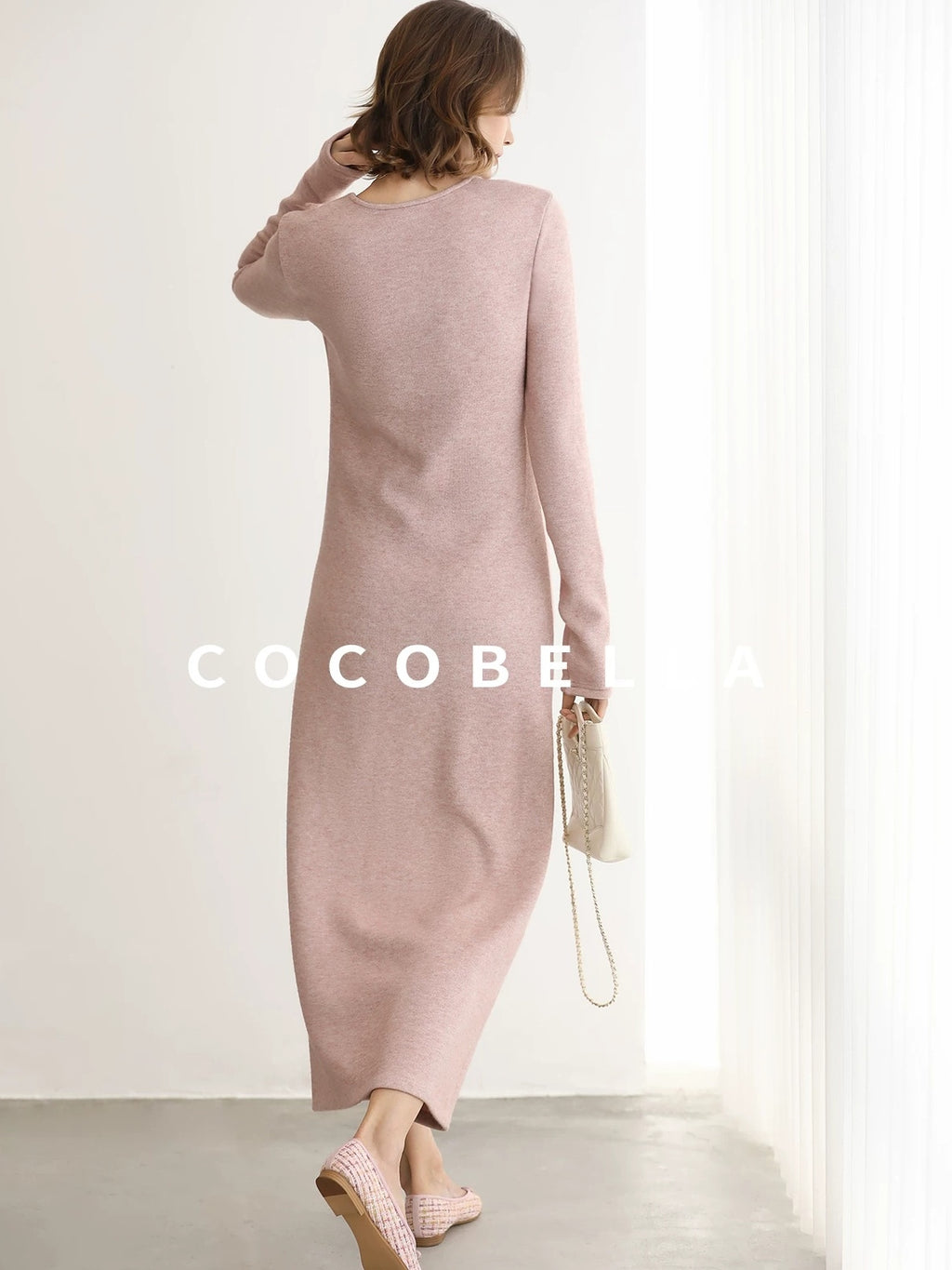 COCOBELLA Soft Thick Knit Straight Fit V Neck Long Sleeve Pullover Office Knit Dresses