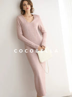 COCOBELLA Soft Thick Knit Straight Fit V Neck Long Sleeve Pullover Office Knit Dresses