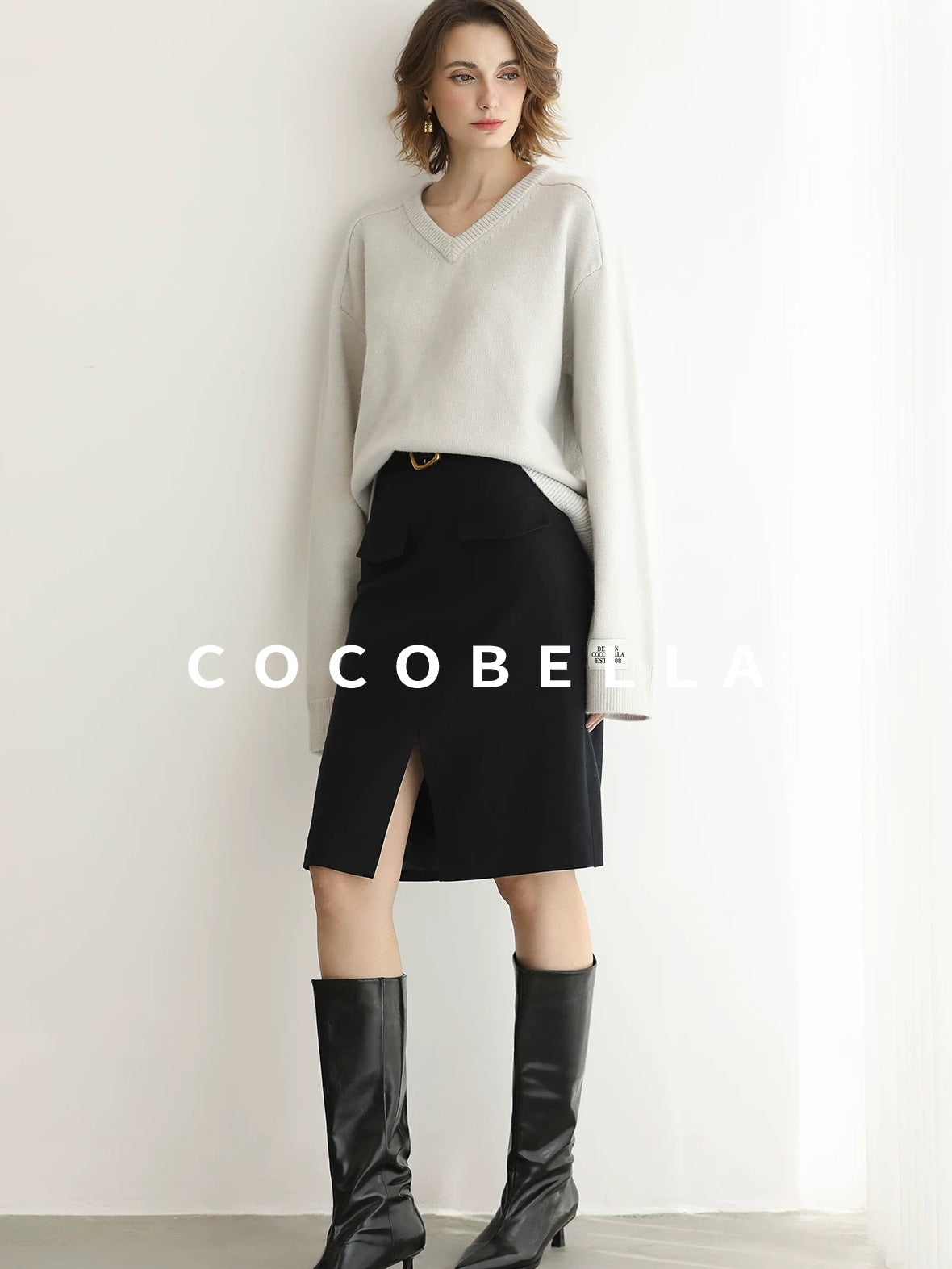 COCOBELLA Soft V Neck Knit Loose Fit Office Women Long Sleeve Solid Color Sweater