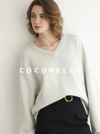 COCOBELLA Soft V Neck Knit Loose Fit Office Women Long Sleeve Solid Color Sweater
