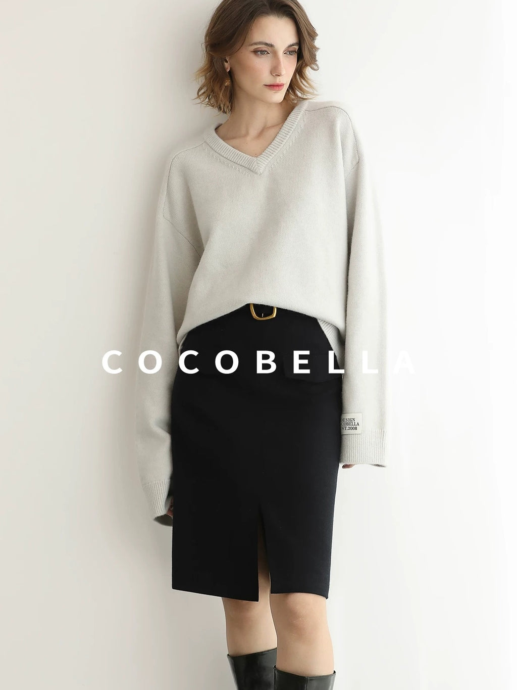 COCOBELLA Soft V Neck Knit Loose Fit Office Women Long Sleeve Solid Color Sweater