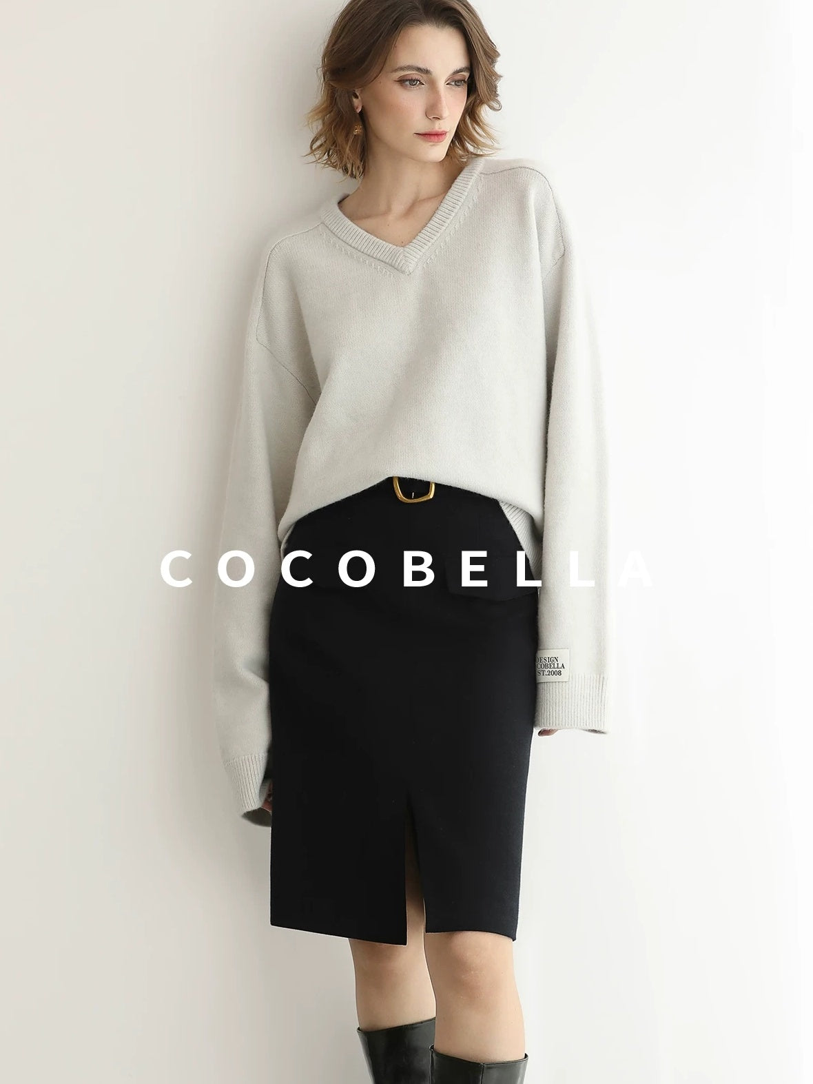 COCOBELLA Soft V Neck Knit Loose Fit Office Women Long Sleeve Solid Color Sweater