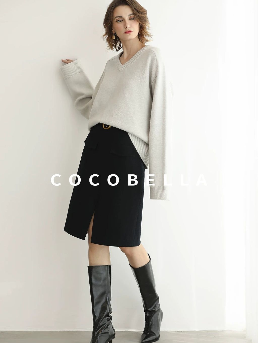 COCOBELLA Soft V Neck Knit Loose Fit Office Women Long Sleeve Solid Color Sweater